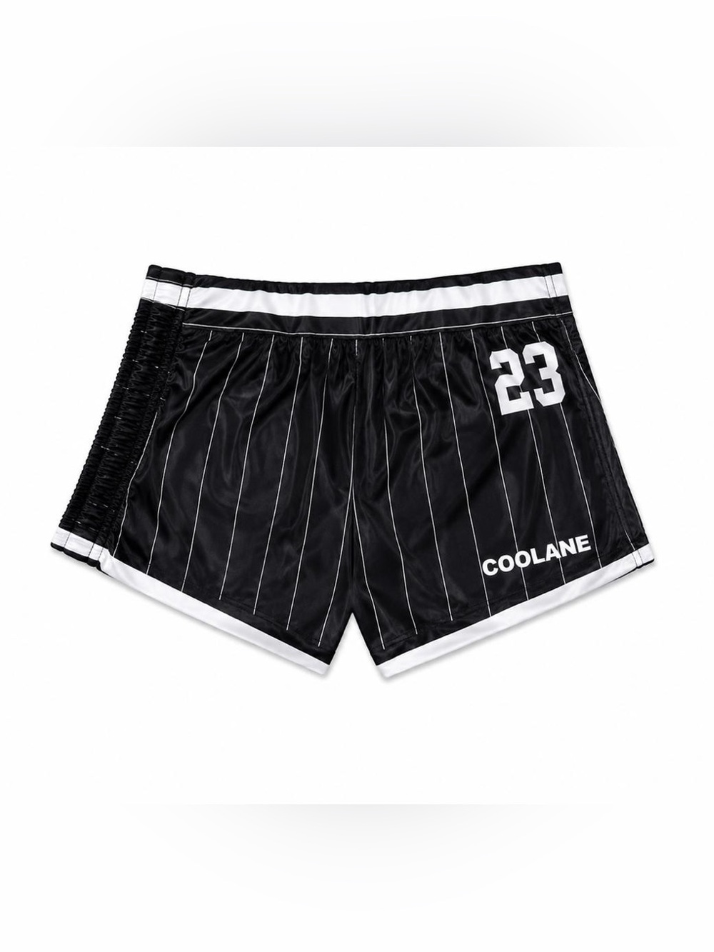 COOLA Black Pinstripe Athletic Shorts with White Trim and 23 Graphic